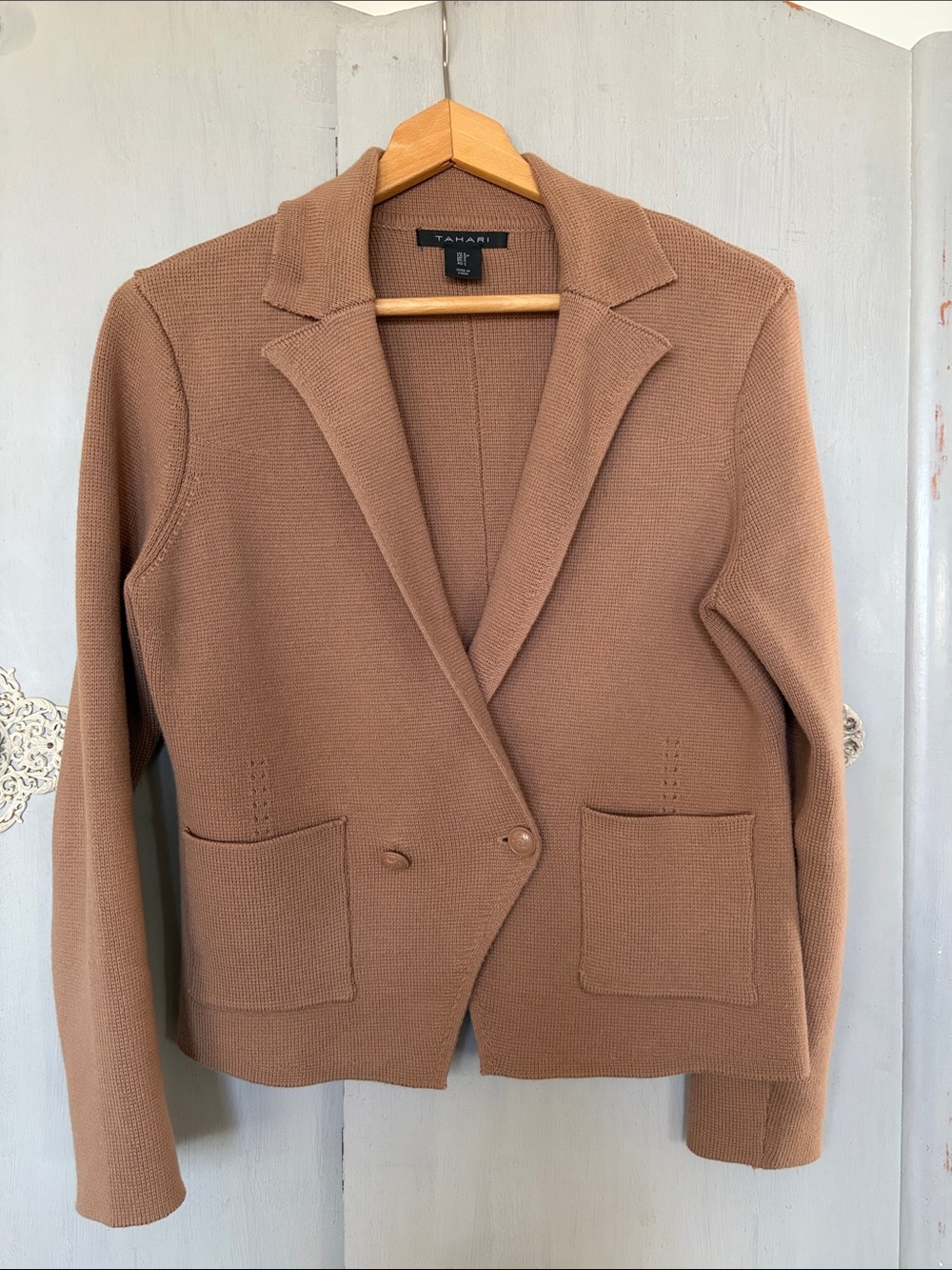 Tahari Tan Knit Notched Collar Blazer